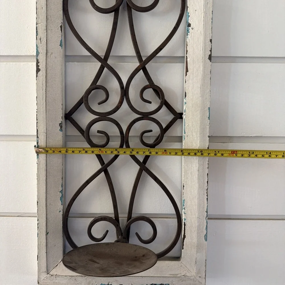 Rustic Farmhouse Wood Frame Wall Decor Metal Scroll Window Candle Or Plant Hold